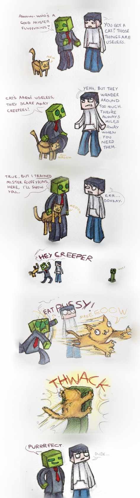 I do not endorse throwing household pets at creepers. Do not try this with your own cat. - meme